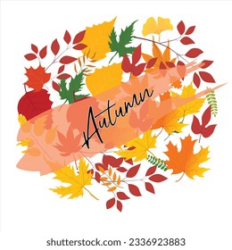 Hello autumn vector.  Autumn design template for decoration, sale banner, advertisement, greeting card and media content. Autumn element illustration. Autumn leaves flat vector isolated on white.