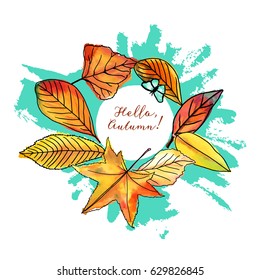 Hello, Autumn vector design with vibrant fall leaves, yellow and orange, on a teal watercolor texture, with a little butterfly. An artistic template for a card, flier, or invitation