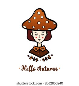 Hello Autumn vector doodle hand drawn greeting card, illustration with cute girl wearing dotted mushroom hat.