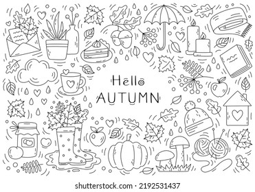 Hola Otoño - Juego de doodles vectores. Esbozo lindo con paraguas, lluvia, arce, calabaza, bellota, hojas del bosque. Elementos de temporada de otoño para colorear. Eslabón negro aislado en blanco. Dibujo manual.