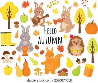 Hello autumn vector elements set with falling leaves, pumpkins, hares, squirrel, hedgehog, harvest. Scrapbook collection of fall season elements. Bright background for harvest time. Autumn greeting