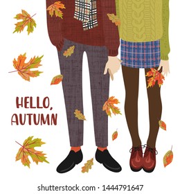 Hello, Autumn. Vector flat cute illustration of a couple of teenagers and falling autumn leaves. Legs in boots on a white background