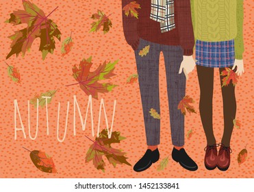 Hello, Autumn. Vector flat cute horizontal illustration of a couple of teenagers and falling autumn leaves. Legs in boots for banners, cards and other