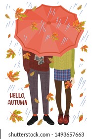 Hello, Autumn. Vector flat cute illustration of a couple of teenagers under the umbrella  and falling autumn leaves on a white background