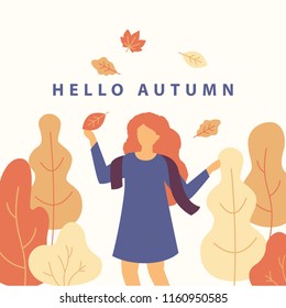 Hello autumn vector flat illustration with cartoon character of cute girl in a dress and scarf throwing fall leaves above. Autumn yellow trees and bushes on background concept.