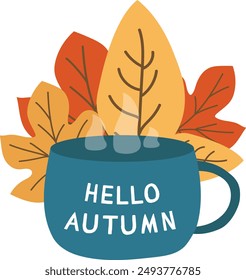 Hello autumn vector flat illustration with leaves and cup of tea