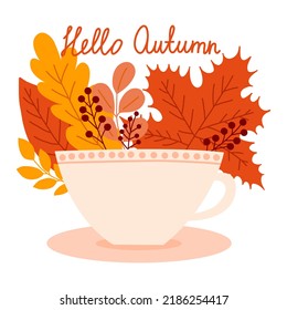 Hello autumn vector flat style print with cup of coffee and autumn leaves. Autumn yellow and red leaves behind cup of coffee illustration