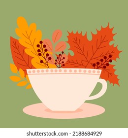Hello autumn vector flat style print with cup of coffee and autumn leaves. Autumn yellow and red leaves behind cup of coffee illustration