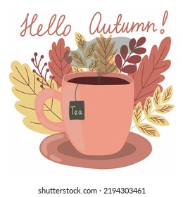 Hello autumn vector flat style print with cup of tea and autumn leaves. Autumn yellow and red leaves behind cup of tea illustration