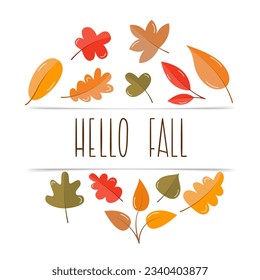 Hello Autumn Vector Frame Design with Leaves. Cartoon Hand Drawn Fall Background with Cute Vector Lettering.