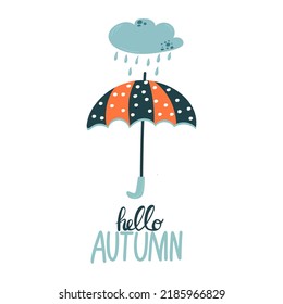 Hola, otoño. Ilustración de dibujo manual vectorial en estilo moderno. Nube de lluvia y paraguas. Objeto aislado sobre un fondo blanco. pegatina. de %PRODUCTNAME.