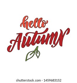 Hello Autumn vector hand drawn phrase illustration. Colorful lettering modern calligraphy style. Poster, sticker, banner.