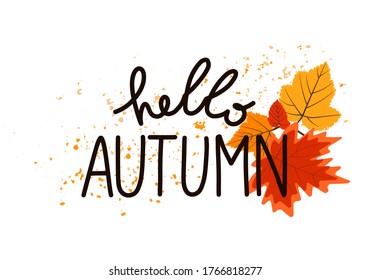 Hello Autumn. Vector hand drawn lettering with autumn leaves and texture. Isolated on a white background.