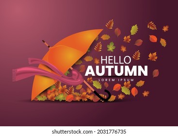 Hello Autumn. Autumn vector illustration background with orange color umbrella	