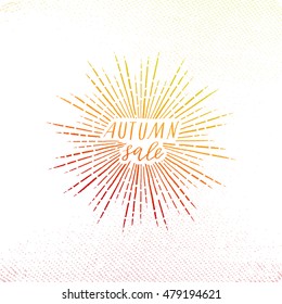 Hello autumn vector illustration, background. Card, poster, invitation, flyer template. Hand lettering inspirational typography poster with sun rays. Handwritten banner, logo, label or badge.