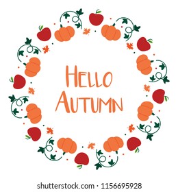 Hello Autumn vector illustration, card. Cute round frame with apples, pumpkins, maple leaves, symbols of autumn, fall season.