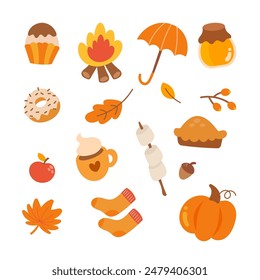 Hello autumn vector illustration collection. Autumn object elements cartoon hand drawn 