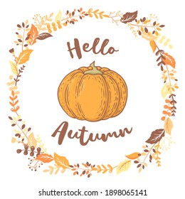 Hello Autumn vector illustration with colorful leaves, herbs and pumpkin isolated on white background. Botanical wreath design for invitation, card, brochure, wallpaper, flyer