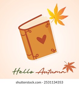 Hello Autumn vector Illustration composition with Book and Maple leaf