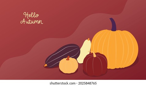Hola otoño. Ilustración vectorial con espacio de copia. Banner colorido con varias calabazas sobre fondo ondulado rojo. Diseño plano