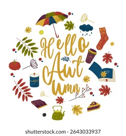 Hello Autumn vector illustration with cozy elements: leaves, umbrella, coffee, pumpkin, book and more. Perfect for greeting cards, invitations and seasonal designs! Vector