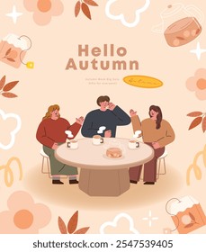 Hola Ilustración vectorial de otoño. Gente linda de la historieta que se sienta en la mesa en la cafetería y que bebe el té.