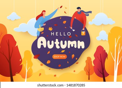 Hello autumn vector illustration. Decorative autumn greeting card with characters, falling leaves, and red-yellow trees. Paper cut style. Fall season. Applicable for web banner, poster. Eps 10.