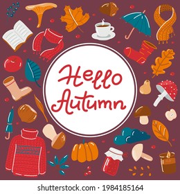 Hello autumn vector illustration with autumn elements, leaves, berries, mushrooms on a colored background
