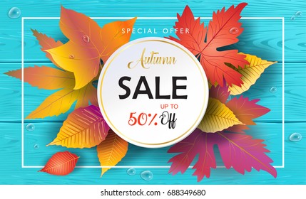 Hello Autumn Vector illustration. Fall sales season. Thanksgiving Holiday decoration. Maple tree leaves, lettering, blue wooden texture, water drops. Autumn Sale wood background. Sale gift banner 2023