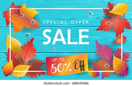 Hello Autumn Vector illustration. Fall sales season. Thanksgiving Holiday decoration. Maple tree leaves, lettering, water drops on blue wooden texture. Autumn Sale wood background. Sale shop banner.