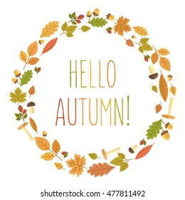 Hello autumn vector illustration with fallen leaves and text. Autumn season.