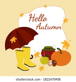 Hola ilustración vectorial de otoño. Tarjeta de saludo de otoño, banner, afiche o plantilla de calendario. Fondo estacional de otoño.