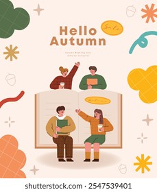 Hola otoño. Ilustración vectorial de un grupo de jóvenes leyendo un libro y tomando café.