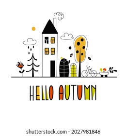 Hello autumn vector illustration. Hand Drawn colored letters. Outline cartoon landscape. Fall season with a house, a bicycle, a park, bright colored spots. Great for cards, posters, banners