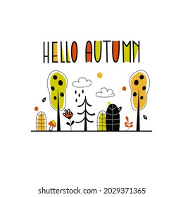 Hola ilustración vectorial de otoño. Letras coloreadas con mano. Esbozo del paisaje de dibujos animados. Temporada de otoño con puntos de colores vivos. Excelente para tarjetas, afiches, banner, invitaciones