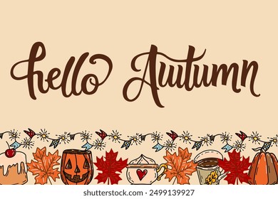Hello autumn vector illustration, hand written lettering and fall leaves. 