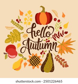 Hola Ilustración vectorial de otoño, letras escritas a mano y hojas de otoño. 