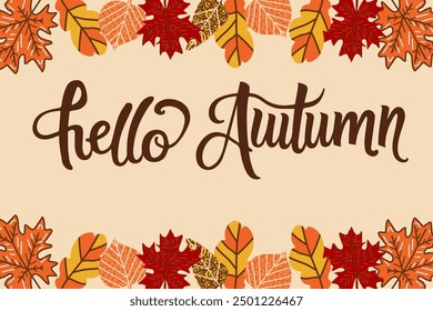 Hello autumn vector illustration, hand written lettering and fall leaves. 