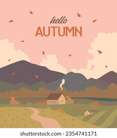 Hello autumn, vector illustration of a autumn landscape, design for postcards or posters