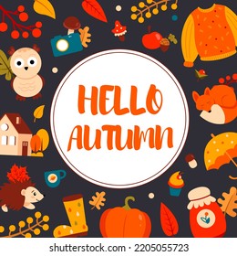 Hello, Autumn. Vector illustration on the background of autumn leaves and autumn attributes.