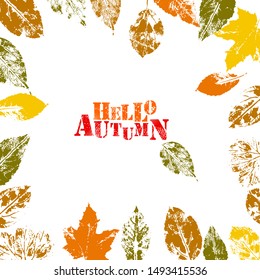 Hello autumn. Vector illustration with prints of different tree leaves