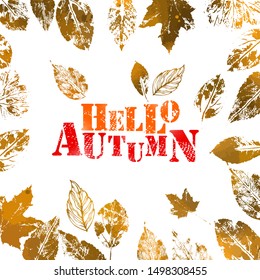 Hello autumn. Vector illustration with prints of different tree leaves