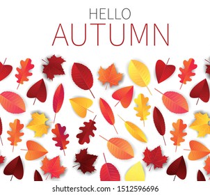 Hello autumn vector illustration with red and orange falling tree leaves over white background. Simple seasonal backdrop. 