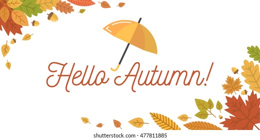 Hello autumn vector illustration with an umbrella, mushrooms and fallen leaves. Autumn season.