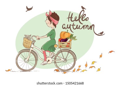 Hello autumn / Vector illustration, young woman and autumn shopping	
