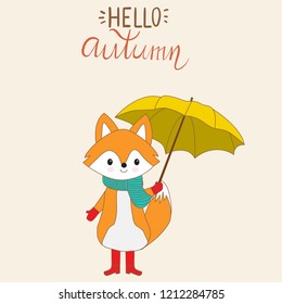 Hello Autumn vector little fox with the umbrella hand lerttering fonts. illustration EPS10.