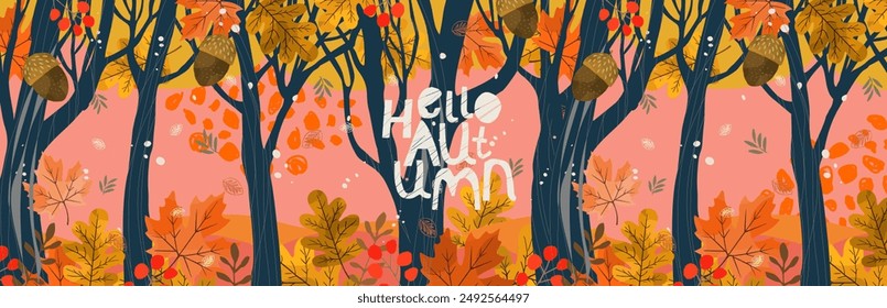 Hello, Autumn. Vector modern abstract illustration of nature, trees, forest, foliage, leaf, leaf, acorn for banner, background, greeting card, panorama or pattern