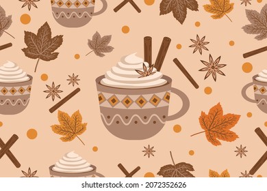 Hello Autumn Vector Pattern Cinnamon and Vanilla Seamless Pattern Hot Drink Coffee with Flavors. Autumn Leaves Decorations Can be used as Wallpaper, wrapping paper, Textile  Print or Banner Template.