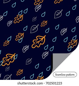 Hello autumn. Autumn vector pattern with drops of rain and leaves.