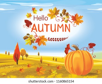 Hello Autumn. Vector poster with lettering.  Autumn landscape with trees and fall leaves.